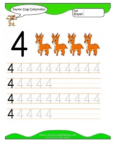 4 Rakamı Çizgi Çalışmaları Çalışma Sayfaları